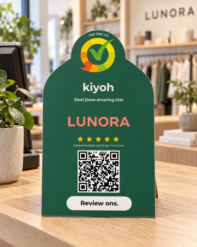 Groene NFC-baliestandaard met QR-code op een winkelbalie