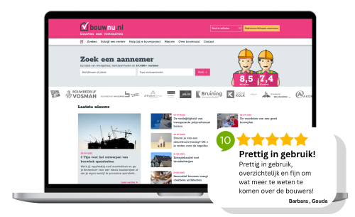 Screenshot van de bouwnu.nl pagina met een overlay van een top review
