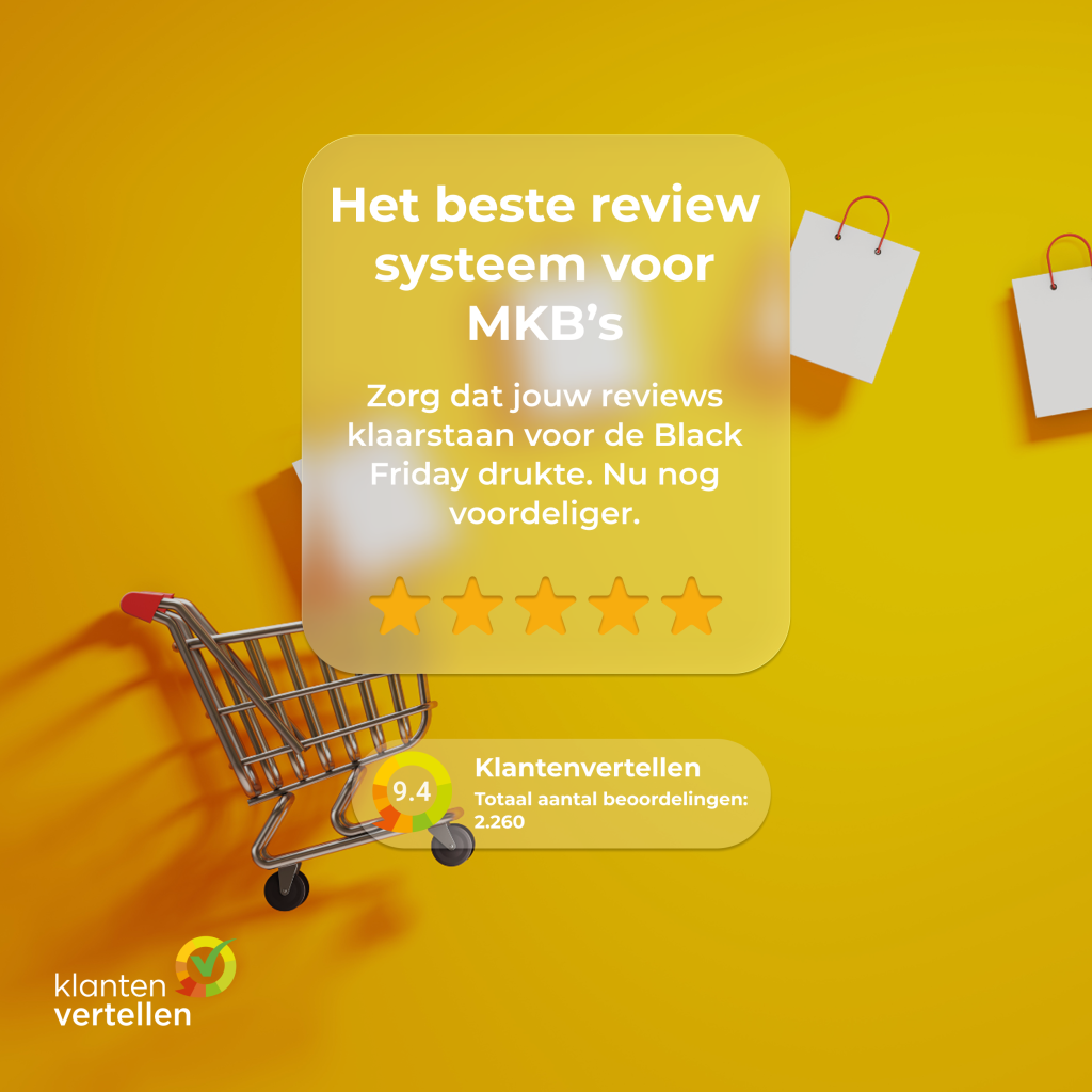 Winkelwagentje tegen een gele achtergrond met tekst over het beste reviewsysteem voor MKB’s.